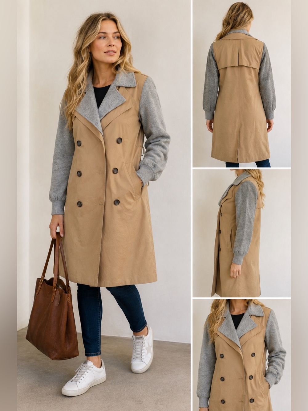 Womens Camel hooded long coat Double Breasted Trench Coat Knit Sleeve medium